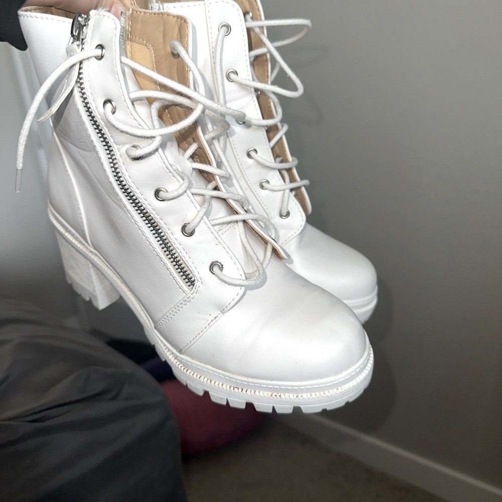 White lace up heeled boots